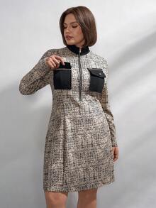 Chikora 大码立领半拉链口袋优雅长袖连衣裙 - 彩色 - 查看 6