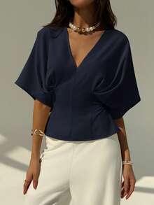 Aloruh Elegant Solid Color Crew Neck Short Sleeve Blouse, Minimalist Loose Fit, Bowknot Tie Back Design, Versatile For Office Commute, Apricot - Navy Blue - View 5