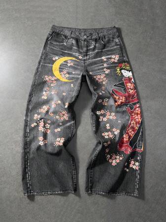 Anime Jeans casual larghi con gamba ampia, con motivo floreale e lunare sulla tasca, per uomo