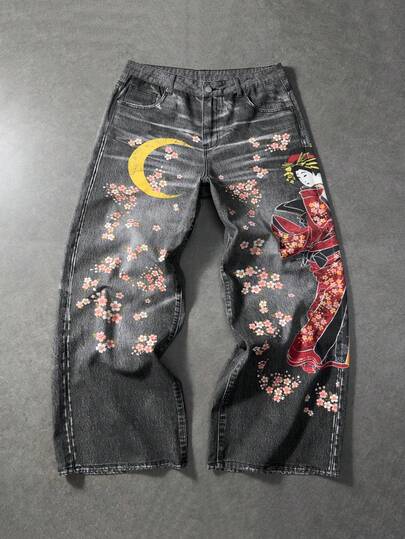 Anime Jeans casual larghi con gamba ampia, con motivo floreale e lunare sulla tasca, per uomo
