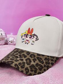 THE POWERPUFF GIRLS X SHEIN 1 Stück POWERPUFF GIRLS Muster Kontrast Leopard Baseball Kappe, Baseball Spiel passend, Basketball, Herbst, Sportsstil, 90er Jahre, verstellbare lässige Kappe Sportkappe für Frauen & Männer, Sonnenschutz lässige Kappe für Reisen, Partys und Strand
