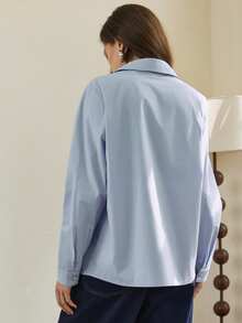 Dazy-Less Chemise bleue à manches longues pour femmes, style bureau/décontracté, design poétique de vieux argent, couleur unie, printemps/été - Bleu azur - Voir 3
