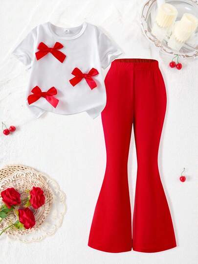 SHEIN Elladie kids 2pcs/Set Girls Casual White Short Sleeve Bow T-Shirt And Red Flare Pants, Cute And Lively Summer Outfit Bell Bottoms Girl 2 Piece Set Cherry Kids Outfit Flare Pants Set Kids Red Kids Outfit Red And White Girls Outfit