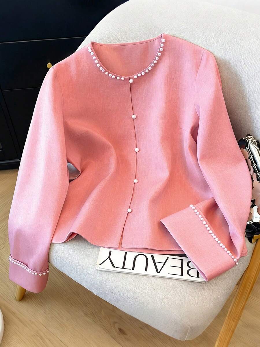 Lyxana Women's 2026 Spring/Summer New Elegant Luxurious Fashion Classic Pearl Decor Long Sleeve Thin Jacket Coat - Pink - View 1