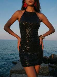 Nevyona 优雅露背亮片系带性感派对鸡尾酒礼服，适合正式场合 - 黑色 - 查看 5