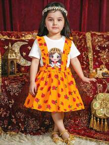SHEIN 2pcs/Set Gaun Anak Perempuan Putih Lengan Pendek Motif Timur Tengah Longgar Kasual untuk Pakaian Sehari-hari & Motif Bunga dengan Tali Bahu, Musim Panas, Ulang Tahun Pertama - MultiWarna - View 4