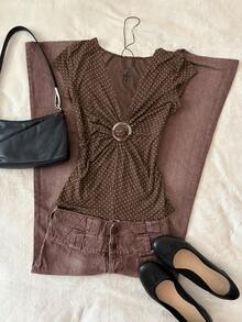 Glimmora Áo nữ tay ngắn chấm bi kiểu cổ điển Y2K, thắt eo, trang trí vòng kim loại. - Nhiều màu - Xem 4