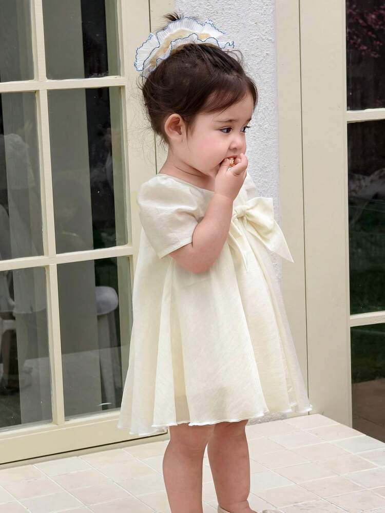 Toddler Girls' Square Neck Bow Decor Party Puff Sleeve Short Dress