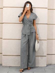 Ellevyn 女士新款优雅裹身蝙蝠袖上衣和宽松阔腿裤两件套，杏色梭织面料，适合夏季外出、约会和度假。 - 灰色 - 查看 8