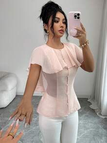 Elenzga Áo kiểu nữ màu trơn, cổ tròn, chất liệu xuyên thấu, dáng capelet lãng mạn, xếp ly, cài nút ở eo, không tay, tay ngắn, màu hồng, thanh lịch, mang phong cách Pháp cổ điển tối giản, phù hợp cho công sở, đi làm, kinh doanh, thường ngày, đi biển, hẹn hò, mùa xuân/hè. - Hồng - Xem 5