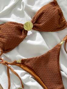 Swim Mod Women's Jacquard Fabric Spaghetti Strap Metal Decor Bikini Set, Spring/Summer - Brown - View 3