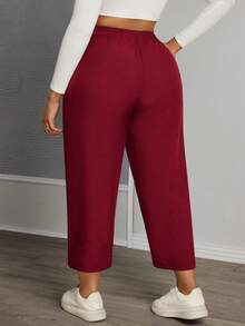 SHEIN PETITE CURVE Plus Size Women Solid Color Knotted High Waist Casual Pants - Rose Red - View 2