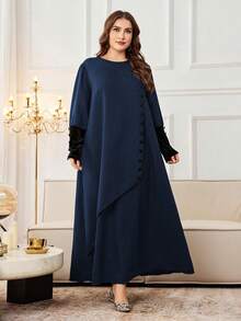 Al Najma Vestido largo holgado con cuello redondo, manga larga y decoración de botones, estilo árabe informal, adecuado para primavera y otoño, talla grande para mujer - Multicolor - Ver 6