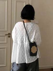 FRIFUL 女士圆领刺绣宽松休闲甜美3D刺绣荷叶边拼接宽松上衣，白色长袖 - 白色 - 查看 6