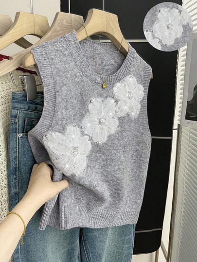 Resyla New Floral Beaded Gray Casual Versatile High-Quality Minimalist Sleeveless Knit Top For Women, Spring/Autumn 3d Flower Top Flower Tops For Women Sweater Vest For Women Knitted Tops For Women Sweater Top