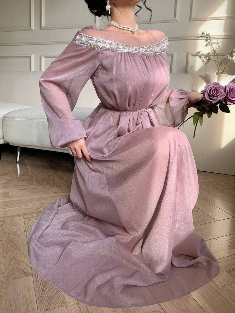 Elegant Off-Shoulder Midi Dress, Fitted Waist, Shiny Rhinestone Decor, Suitable For Valentine's Day, Wedding, Party, Formal Occasions, Spring/Summer Sundress