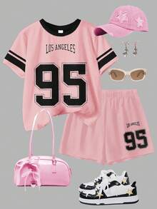 两件套少女休闲黑色粉色印花95数字短袖圆领T恤和短裤套装，适合夏季、秋季外出穿着，舒适透气，适合秋季叠穿，时尚百搭，休闲百搭，儿童印花服装，返校季、秋季服装、返校节服装，适合户外野餐、郊游、街头摄影、居家和校园穿着。 - 彩色 - 查看 3