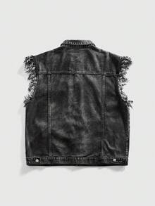 ROMWE MEN Grunge Punk 男士星月刺绣单排扣口袋毛边下摆休闲牛仔背心 - 藍色 - 查看 5