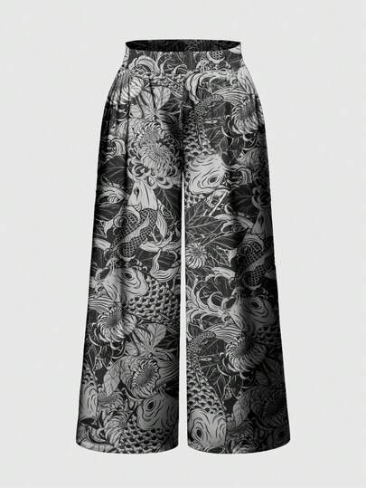 ROMWE Avant Plus Size New Chinese Style Koi & Chrysanthemum Print Loose Wide Leg Pants