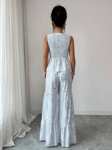 SHEIN Elenzya Tie-Front Bow Striped Print Camisole And Pants Set - Blue and White - View 2