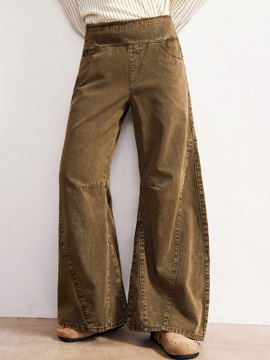 Bohemela Quần ống rộng lưng thun phong cách retro thường ngày dành cho nữ - xanh quân đội - Xem 1