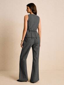 Poéselle 女士休闲、工作、通勤千鸟格印花修身背心和喇叭裤两件套，春夏秋季 - 深灰色 - 查看 3