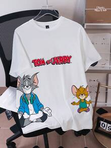 TOM & JERRY X SHEIN Men's Casual Letter & Cartoon Graphic Short Sleeve T-Shirt, Summer