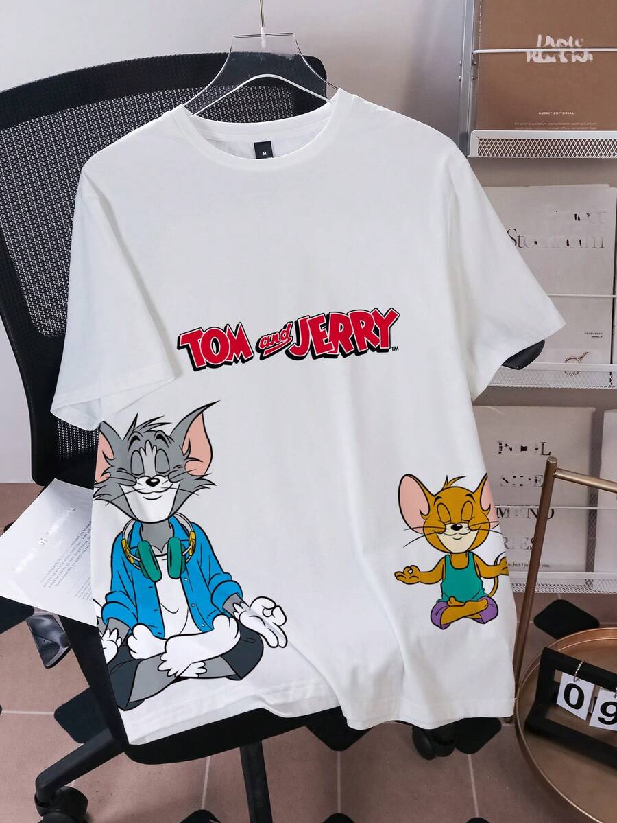 TOM & JERRY X SHEIN Men's Casual Letter & Cartoon Graphic Short Sleeve T-Shirt, Summer