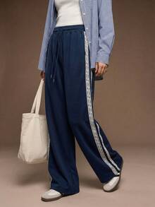 Muvela 女士撞色蕾丝抽绳腰阔腿宽松休闲裤 - 寶藍色 - 查看 2