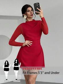 SHEIN PETITE CURVE Plus Size Elegant Red Satin Dress,Autumn Party Wedding Guest Dress For Women,Solid Color Waist Cinched Long Sleeve Curve Birthday Carnival Costume - Red - View 1