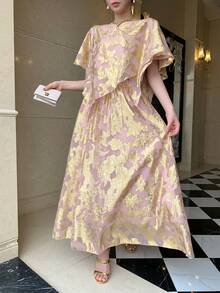 DAZY 女士优雅箔印不对称下摆上衣和半裙两件套，夏季 - 金色 - 查看 6