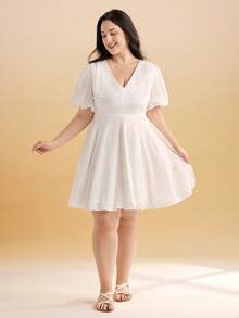 Momelise Đầm hè cỡ lớn, màu trơn, dáng chữ A, thêu jacquard, thắt eo. - trắng - Xem 5