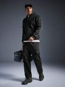 Driftmere Men's Casual Fashionable Half-Zip Hooded Sweatshirt With Thermal Lining, Minimalist Outdoor Pullover, Autumn/Winter, Long Sleeve Top - Black - View 5