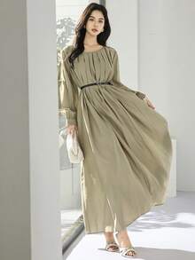 Heiryn 女士优雅纯色褶皱灯笼袖连衣裙，秋季 - 橄欖綠 - 查看 5