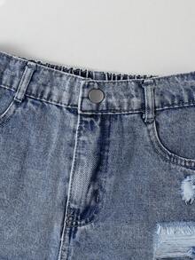 SHEIN Jeans stile Y2K per ragazze pre-adolescenti, lavaggio leggero vintage, strappati, sfilacciati, vestibilità morbida e comoda, versatili, denim per ragazze - Blu lavato medio - Visualizzare 4