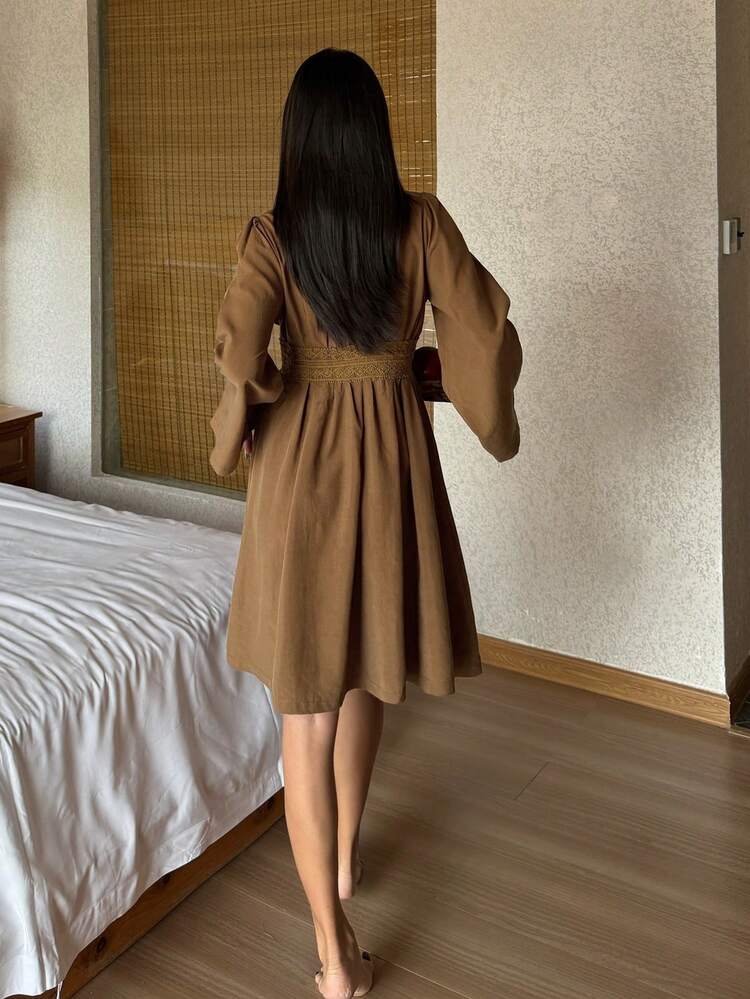 Lace Patchwork V-Neck Robe For Women, Waist Cinched Loungewear