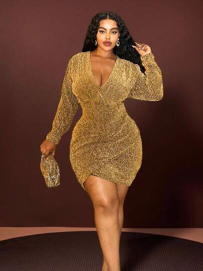 Veslaya 2025 秋冬新款优雅复古浪漫波西米亚经典性感金属条纹纹理深 V 领裹身长袖迷你连衣裙，适合日常穿着、约会、郊游、派对，大码