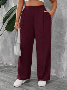 SHEIN PETITE CURVE Quần xếp ly màu trơn dành cho nữ cỡ nhỏ và cỡ lớn - Màu Đỏ Sâu - Xem 6