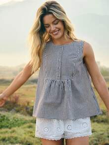 WESTFADE Áo thun cotton pha kẻ caro cổ tròn cài cúc phía trước kiểu miền Tây, vạt trước ngắn vạt sau dài. - Cà phê nâu - Xem 3