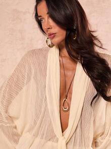 SHEIN Glamour 女士蕾丝薄纱休闲衬衫 V领长袖雪纺衬衫 杏色雪纺喇叭袖长袖女式衬衫 - 杏色 - 查看 8