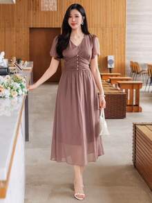 DAZY Women's Solid Color V-Neck Regular Shoulder Short Sleeve Ruched Waist Dress Maxi Dress Sundress - Brown - View 3