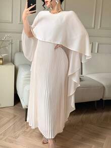 DAZY Women's Elegant Solid Color Pleated 2 In 1 Long Dress, Spring/Summer Wedding Guest Dress Sundress - Beige - View 10