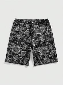 ROMWE MEN Men's Textured Floral Pattern Button Casual Versatile Denim Shorts - Black - View 7