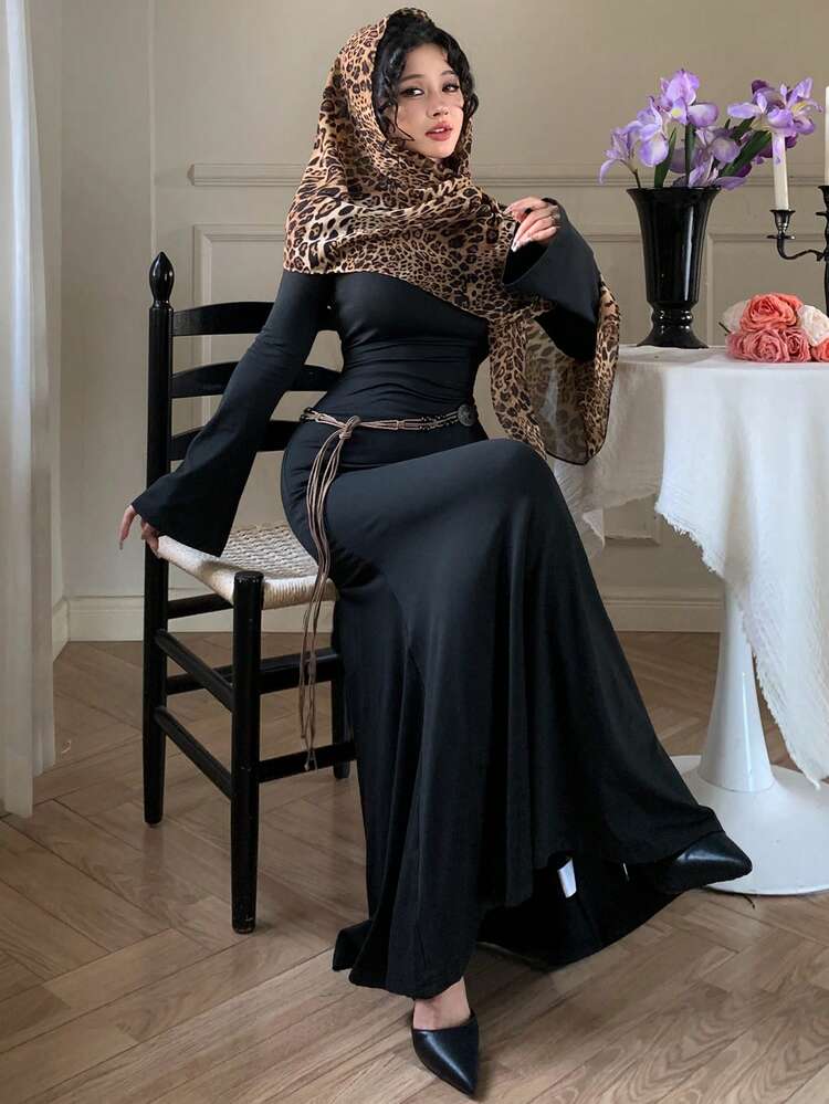 Spring/Summer Leopard Print Scarf Shawl & Mid-Length Black Bodycon Dress Set, Fish Tail Skirt, Elegant For Valentine's Day, Wedding, Party, Formal Occasion, Fashion, Slim Fit, 2pcs