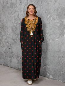 Modelyn 大码长袖圆领连衣裙，适合秋冬季穿着 - 彩色 - 查看 4