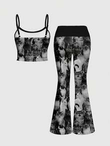 ROMWE [Lingerie] Sexy Camisole Strap Ruched Low Waist Flare Pants Women 2 Pieces Set - Black - View 2