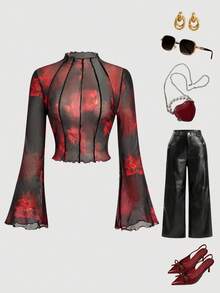 SHEIN MOD Áo lưới đen cỡ lớn dành cho nữ, họa tiết hoa đỏ, chất liệu lưới xuyên thấu màu đen, đường may tương phản, tay chuông, thích hợp cho trang phục cỡ lớn, mùa thu, áo tay chuông cho ngày Valentine. - Đỏ và đen - Xem 10