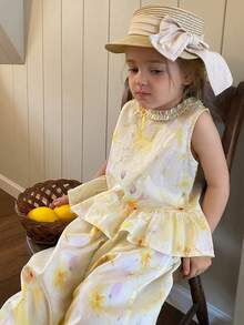 DAZY 2pcs Girls (Small) Round Neck Ruffle Trim Sleeveless Korean Style Ruffle Blouse & Loose Casual Pants Set - Yellow - View 4