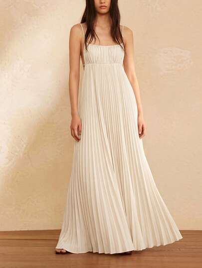 Maija 女士白色装饰百搭现代都市休闲度假沙滩装，宽松设计亚麻色衬衫领褶裥中长连衣裙