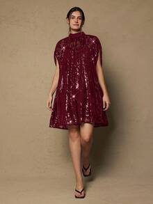 Freevana Gaun Tunik Ukuran Besar Berpayet Warna Burgundy dengan Lengan Pendek Model Kelelawar dan Kerah Tegak untuk Pakaian Pesta - Burgundy - View 4